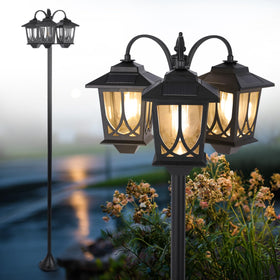 SAKSIAPRO 3-head solar lamp post light overview highlights durable outdoor lighting for pathways.