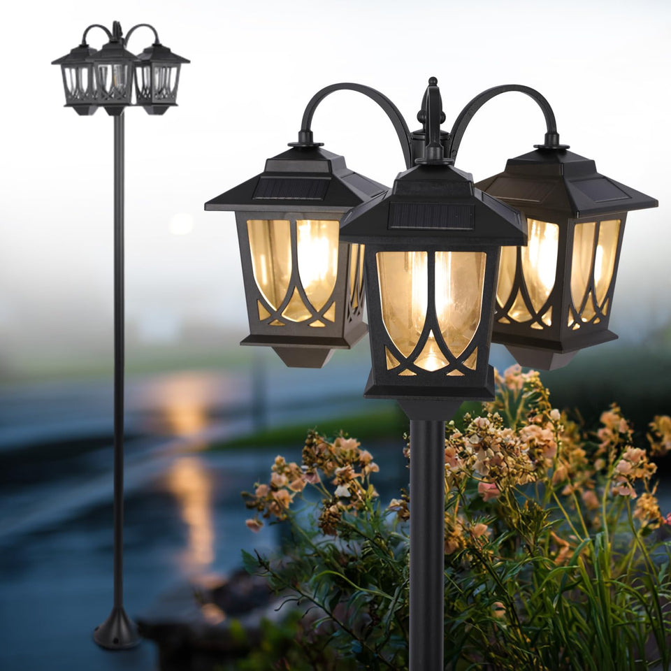 SAKSIAPRO 3-head solar lamp post light overview highlights durable outdoor lighting for pathways.