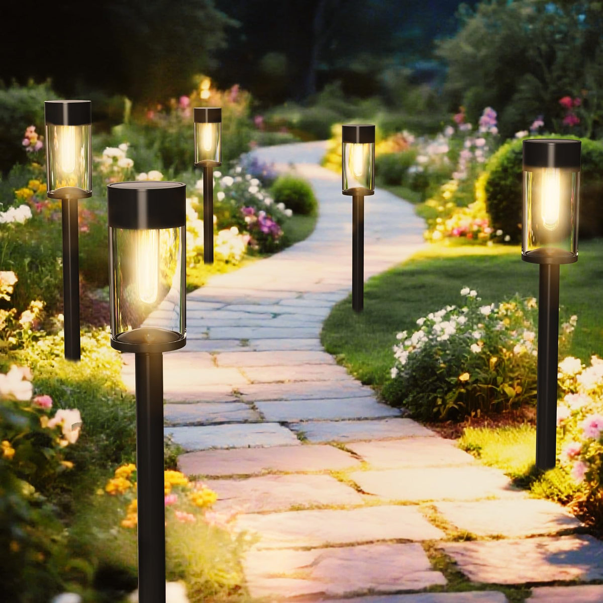 SAKSIAPRO 8-pack solar pathway lights emit a warm white glow along a garden path for safe night walking.
