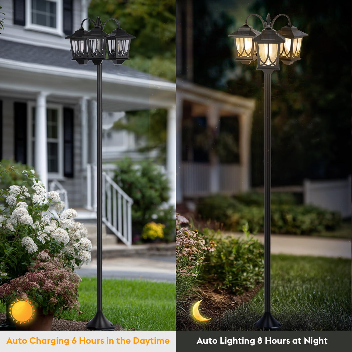 SAKSIAPRO dusk-lit three-head design provides multi-directional pathway coverage.