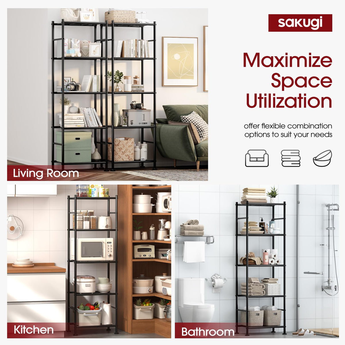 Sakugi garage storage with metal shelves optimizes tool organization.