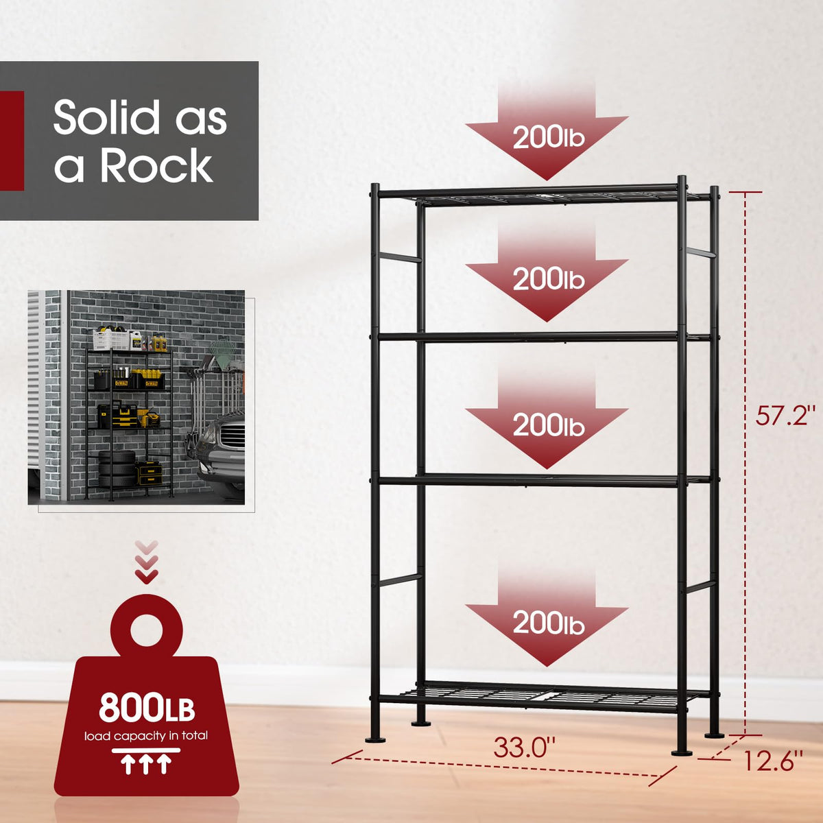 Sakugi heavy-duty shelving with metal tubes for heavy items.