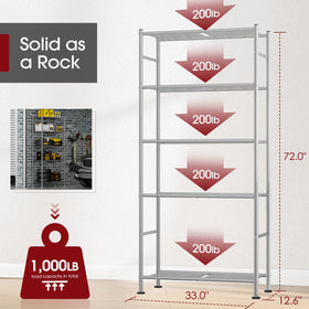 Sakugi heavy-duty wire shelving highlights 1,000 lb capacity for bulky items.