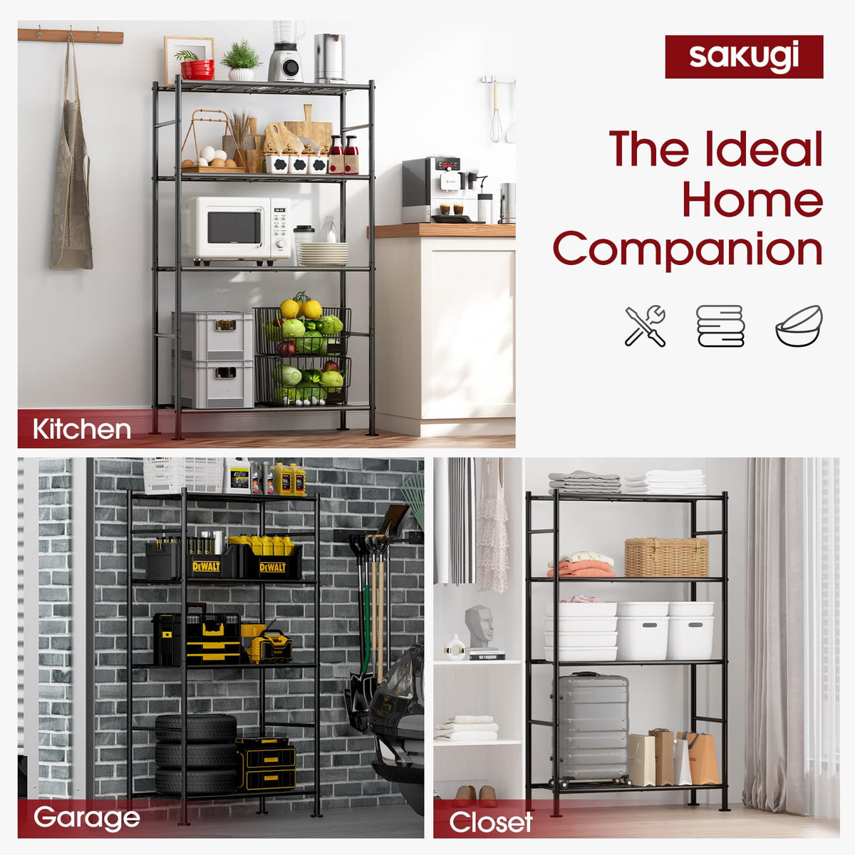 Sakugi shelving ideal for pantry, kitchen, and closet organization.