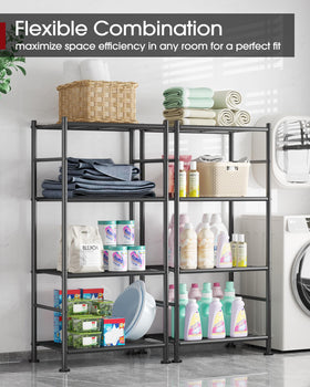 Sakugi space-saving unit fits tight corners and expands with more shelves.