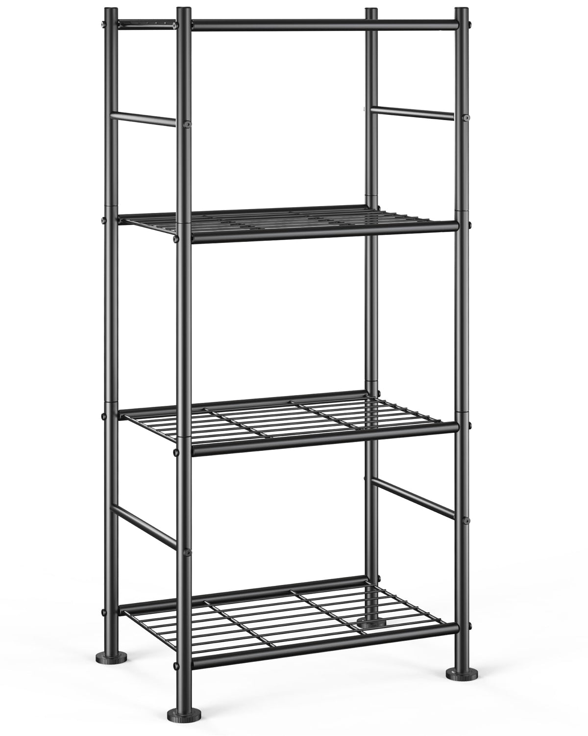 Sakugi 4-tier black storage shelf maximizes pantry space.