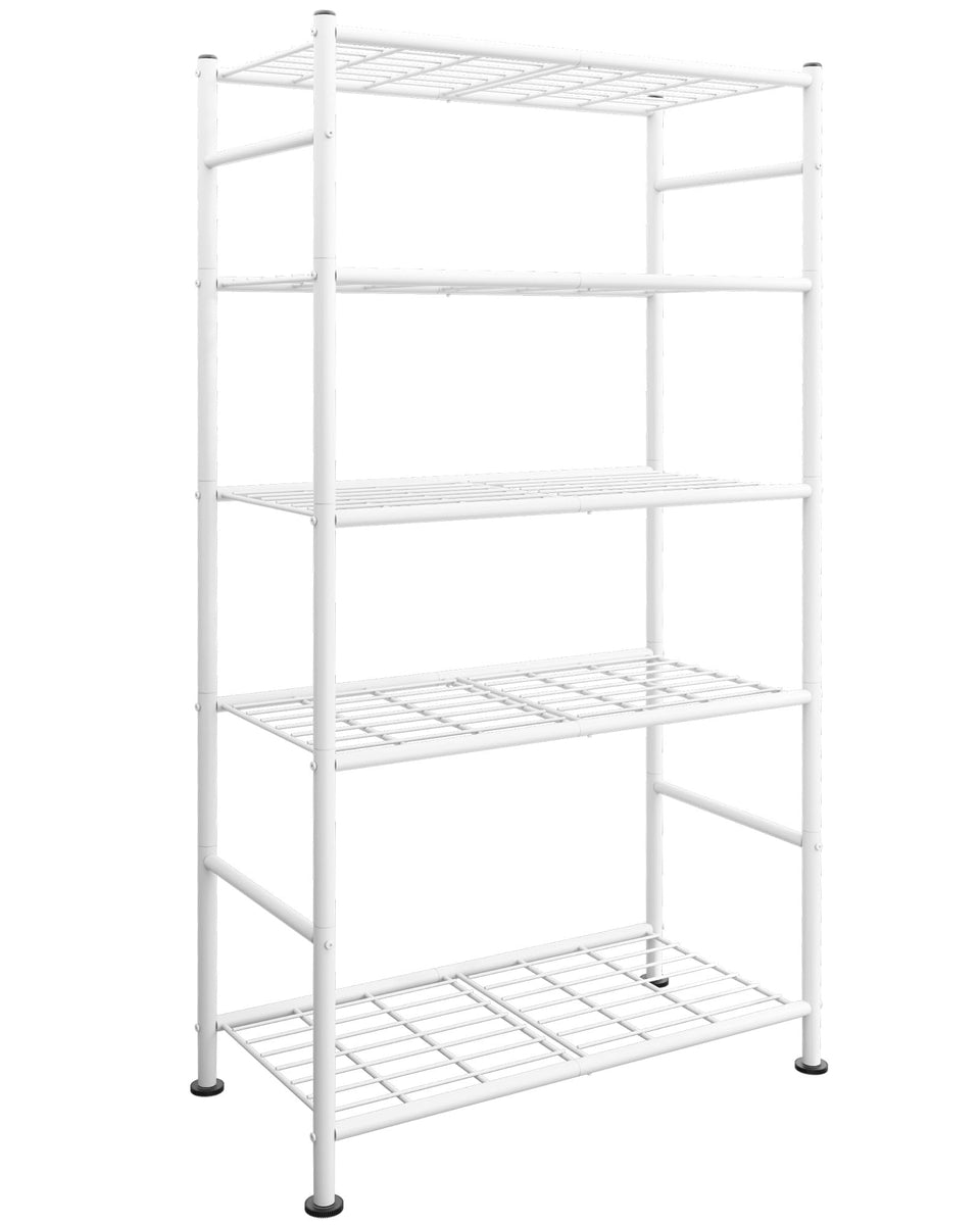 Sakugi 5-tier storage shelves demonstrating sturdy build for bulky items.