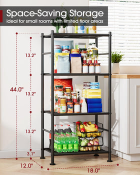 Sakugi wire shelving with adjustable feet for stability on uneven floors.
