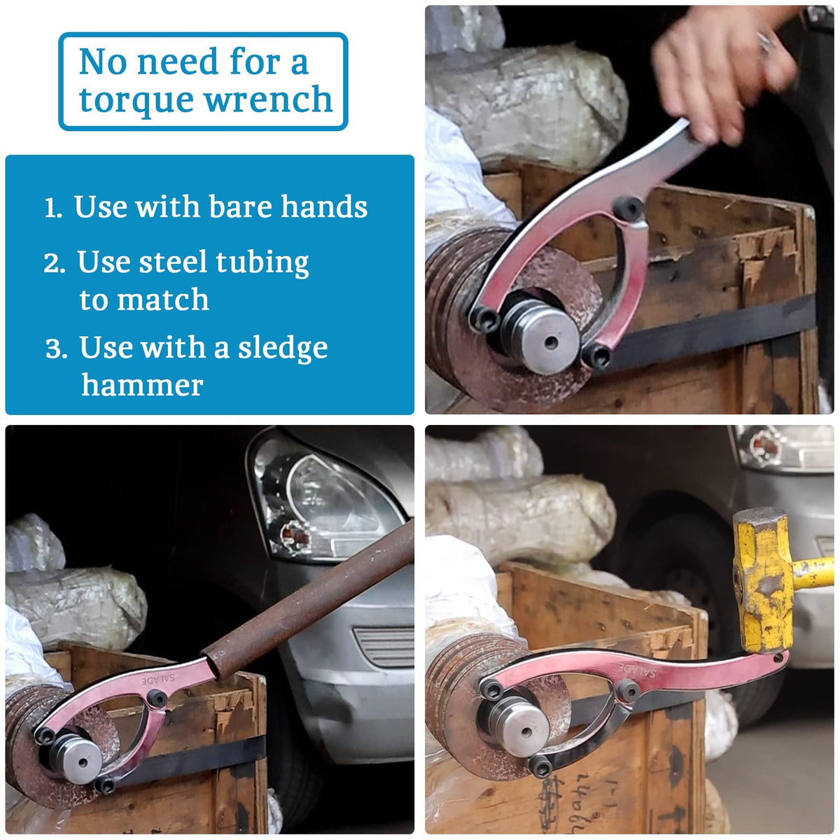 Salade wrench fits hydraulic cylinders on loaders and skid steers.