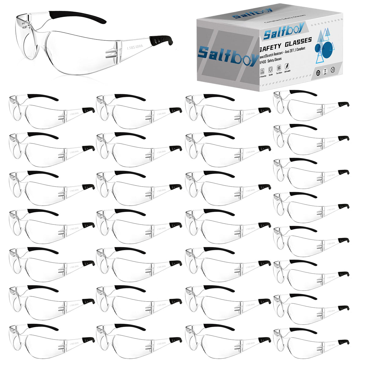 Salfboy clear safety glasses bulk pack with ANSI Z87.1 protection for work.