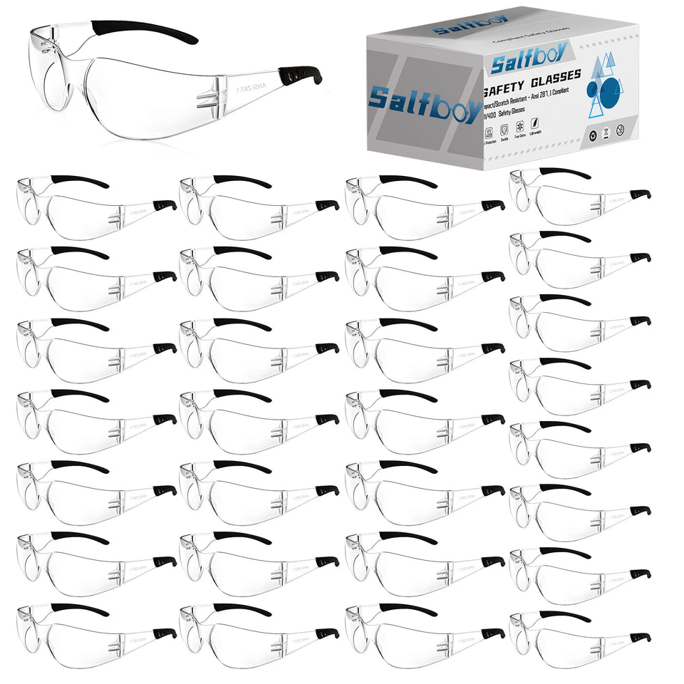 Salfboy clear safety glasses bulk pack with ANSI Z87.1 protection for work.