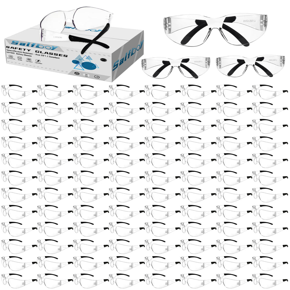 Salfboy clear safety glasses with scratch-resistant lenses for everyday protection.
