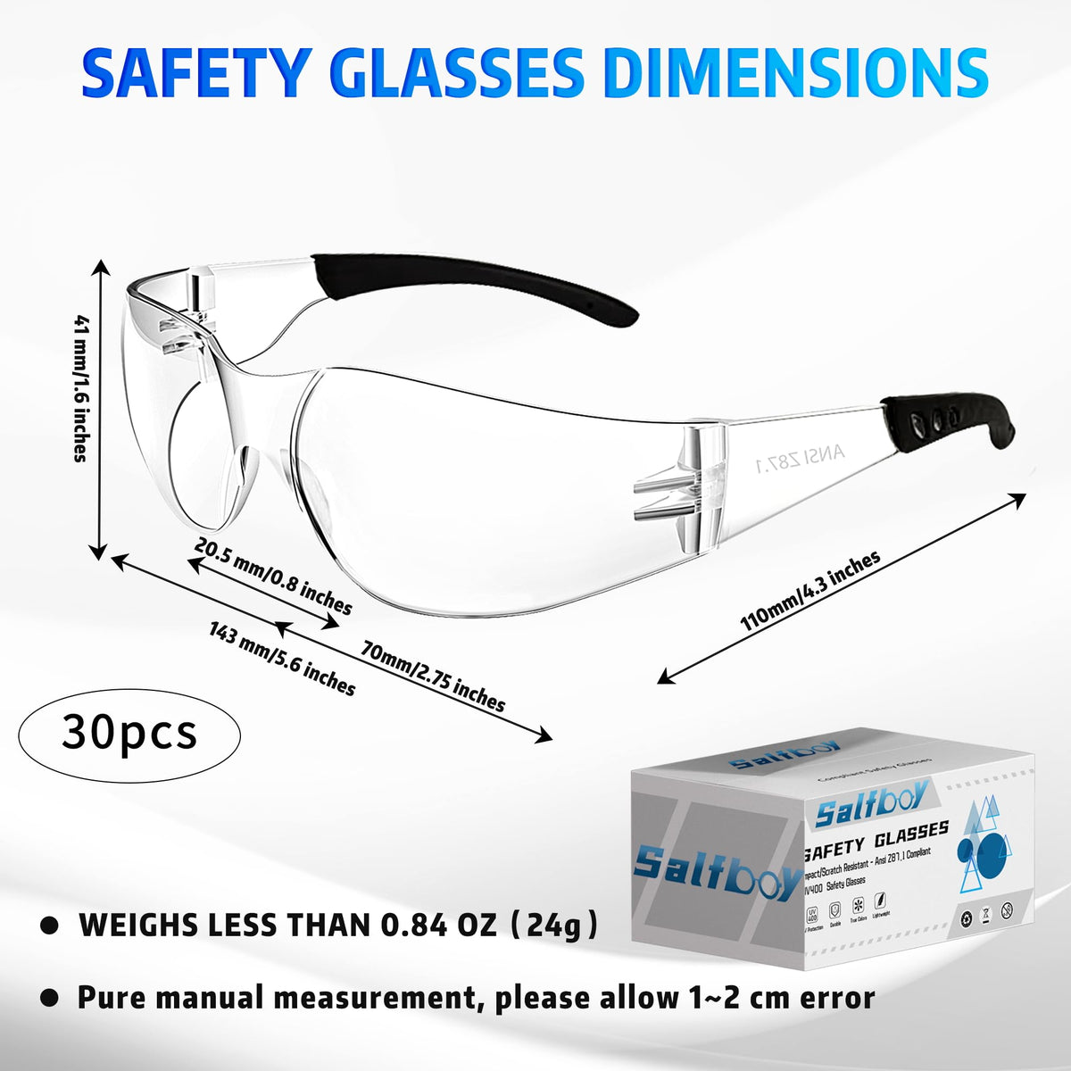 Salfboy safety glasses lens close-up reveals scratch-resistant polycarbonate protection.