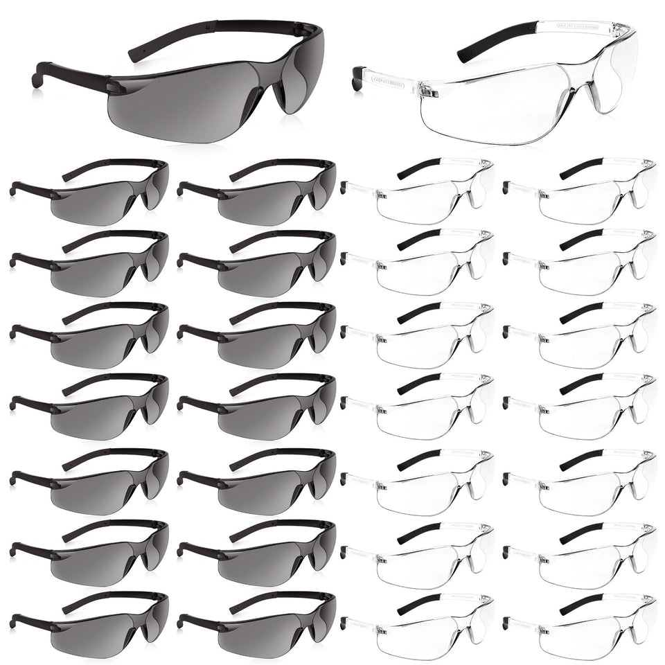 Salfboy safety glasses with wraparound clear lenses for broad visibility and eye protection.