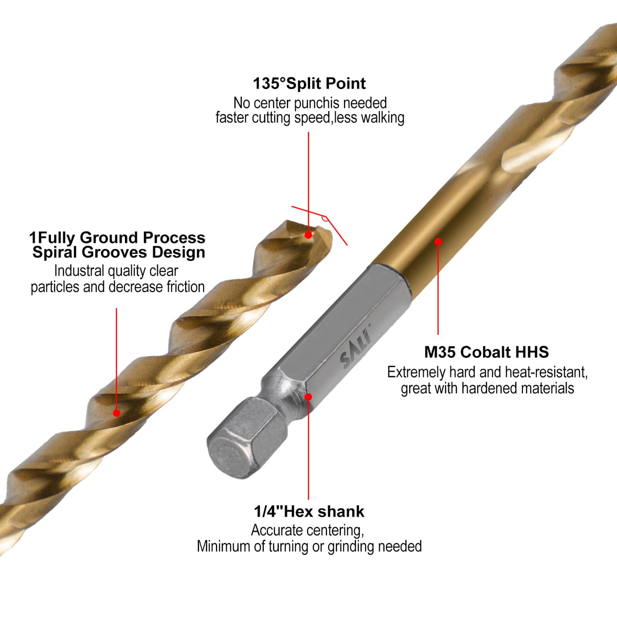 SALI cobalt drill bit set designed for wood and metal cutting with quick-cut action.