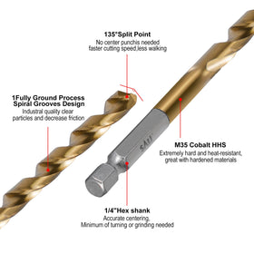 SALI cobalt drill bit set designed for wood and metal cutting with quick-cut action.