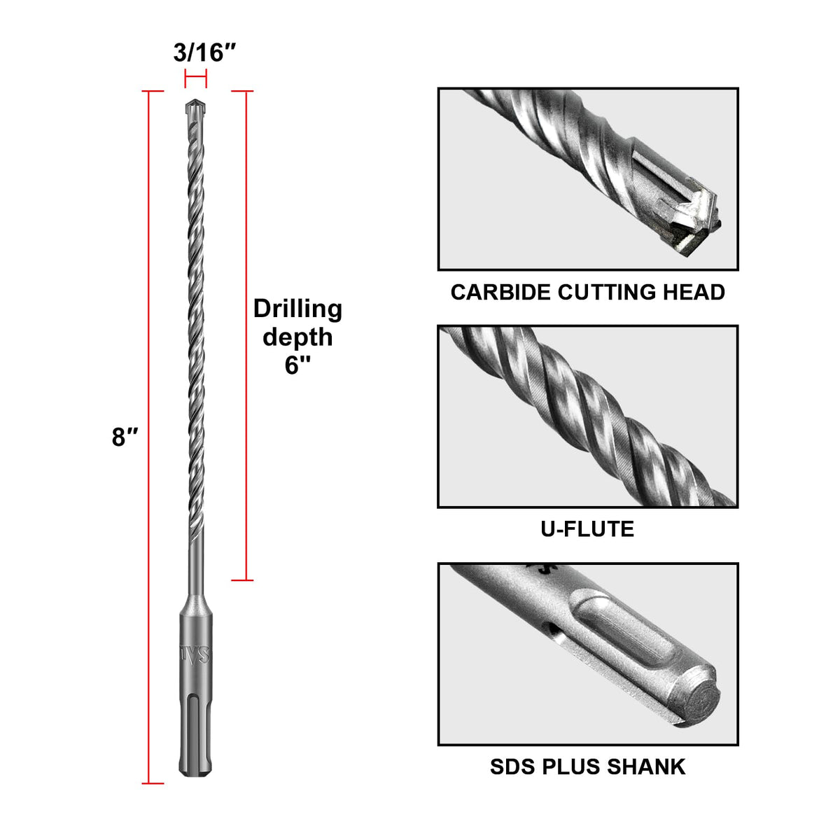 SALI carbide-tipped 3/16 x 8 bit for concrete and brick