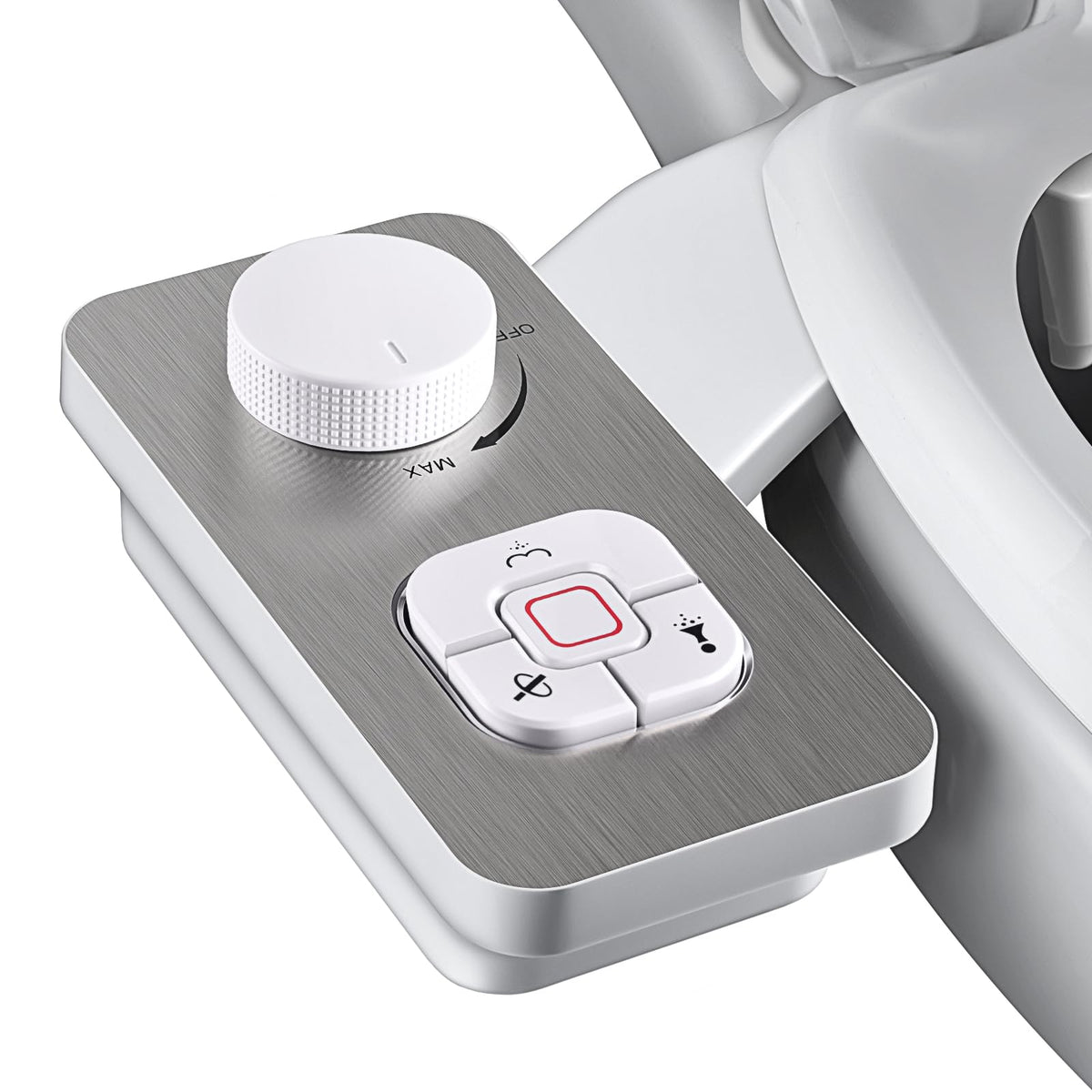 SAMODRA bidet attachment brushed nickel, front view, durable and stylish upgrade.