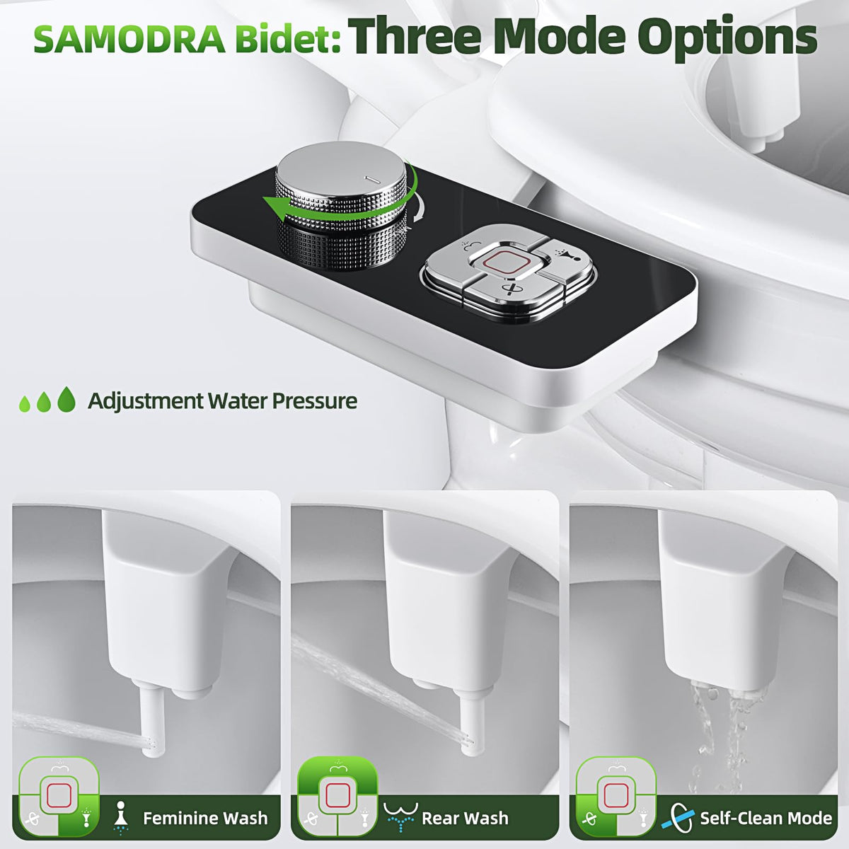 SAMODRA bidet attachment rear nozzle provides thorough rear cleansing with adjustable pressure