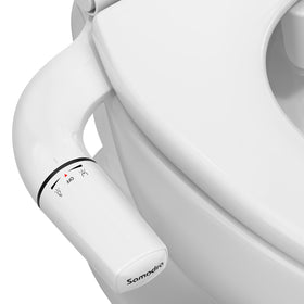 SAMODRA Ultra-Slim Bidet attachment, front view with dual nozzles for posterior and feminine wash.