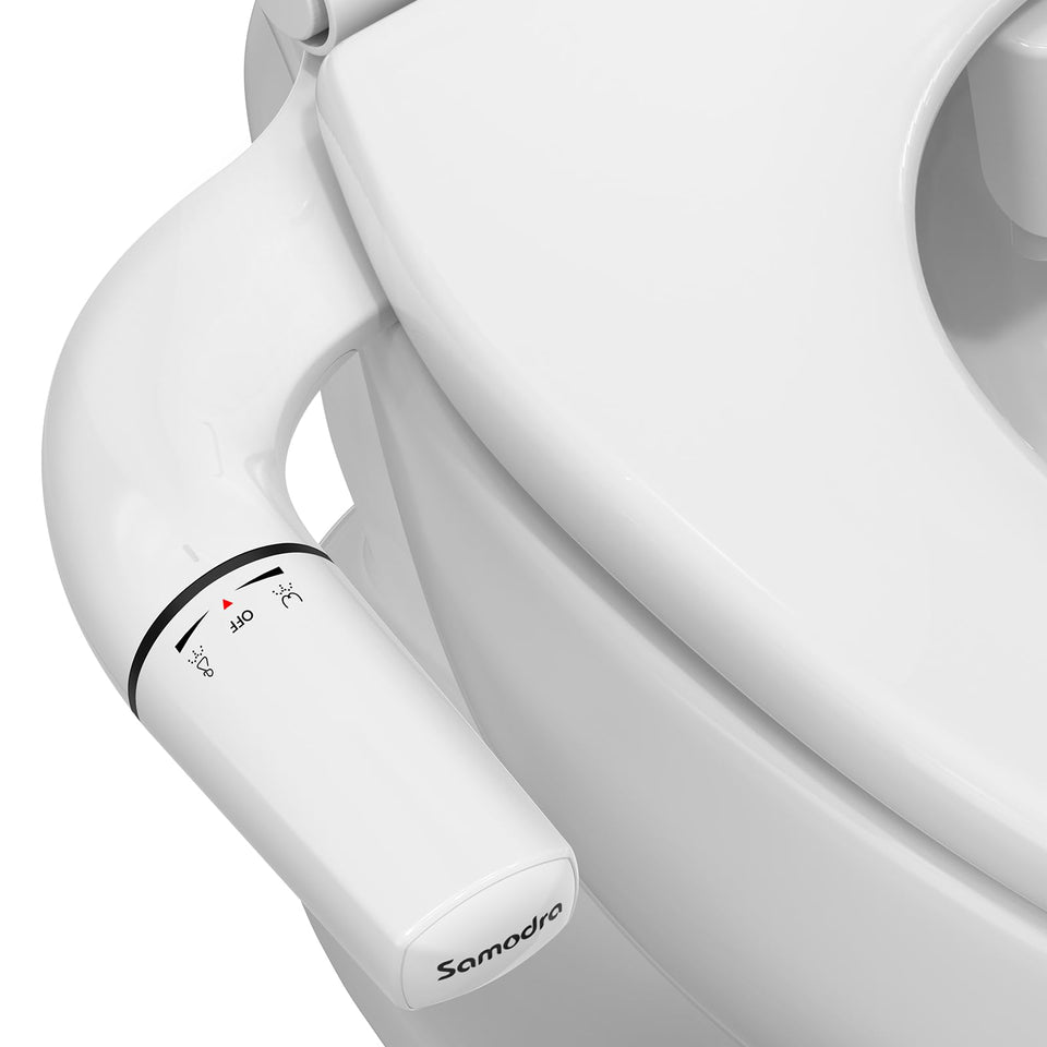 SAMODRA Ultra-Slim Bidet attachment, front view with dual nozzles for posterior and feminine wash.