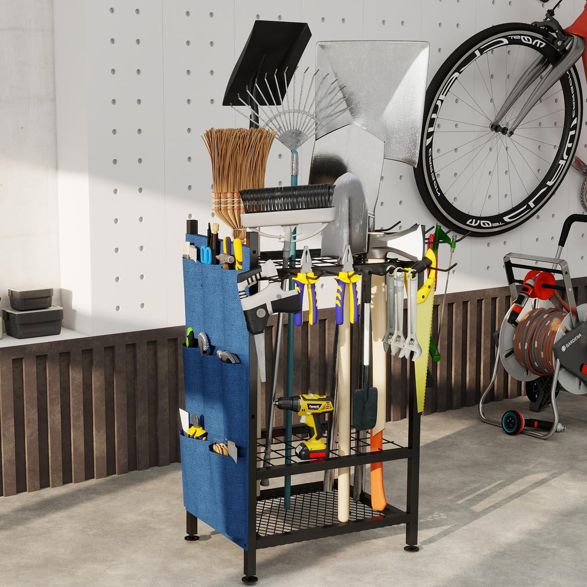 SAMRELAX garden organizer in shed with broom and rake.
