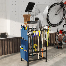 SAMRELAX garden organizer in shed with broom and rake.