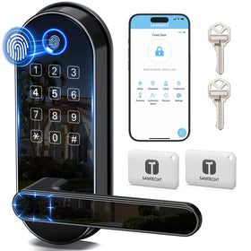 samtechT Bluetooth fingerprint lock with handle shows quick keyless access for busy households.