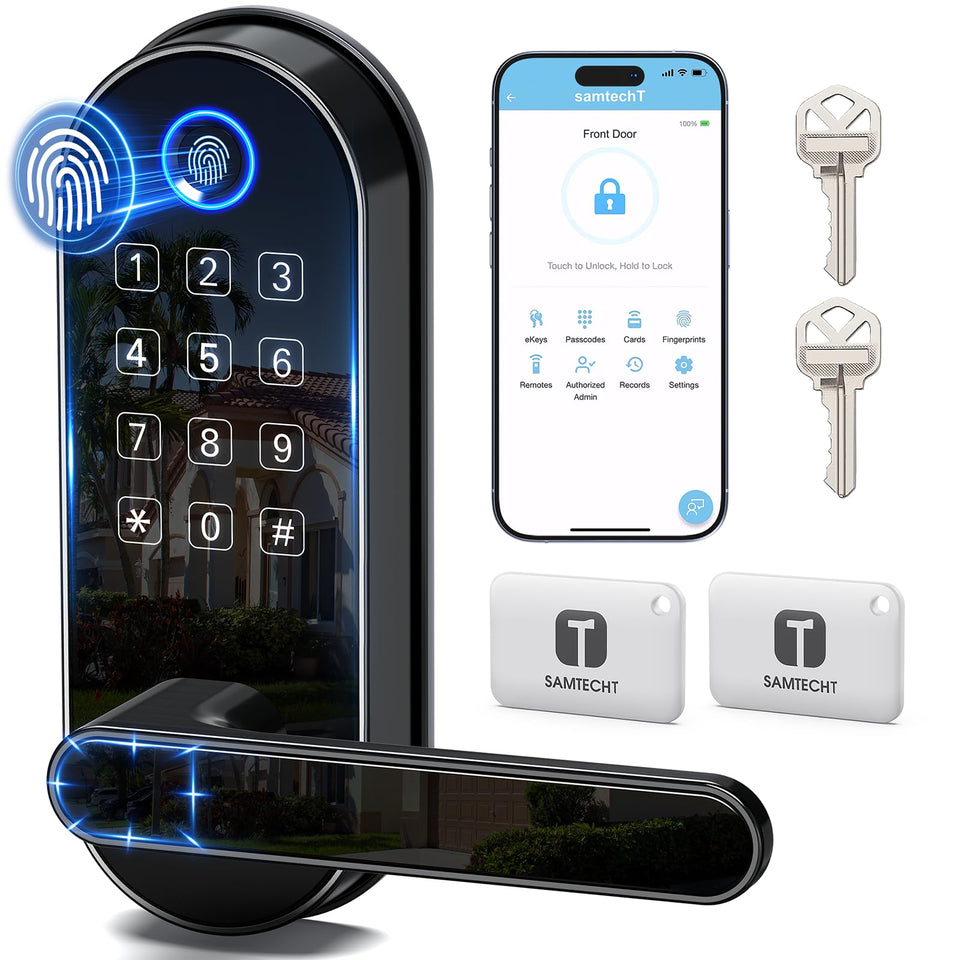 samtechT Bluetooth fingerprint lock with handle shows quick keyless access for busy households.