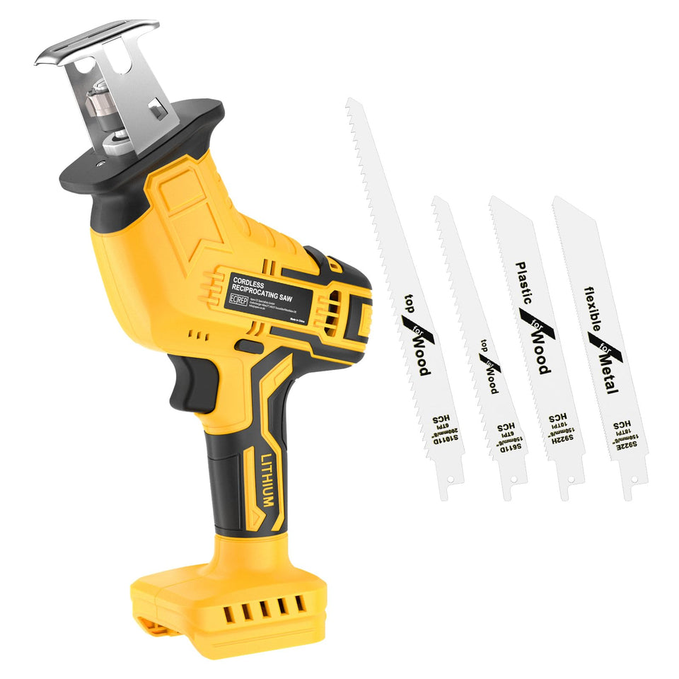 Samvinor cordless reciprocating saw highlights battery compatibility with Dewalt 20V packs for flexible power options.