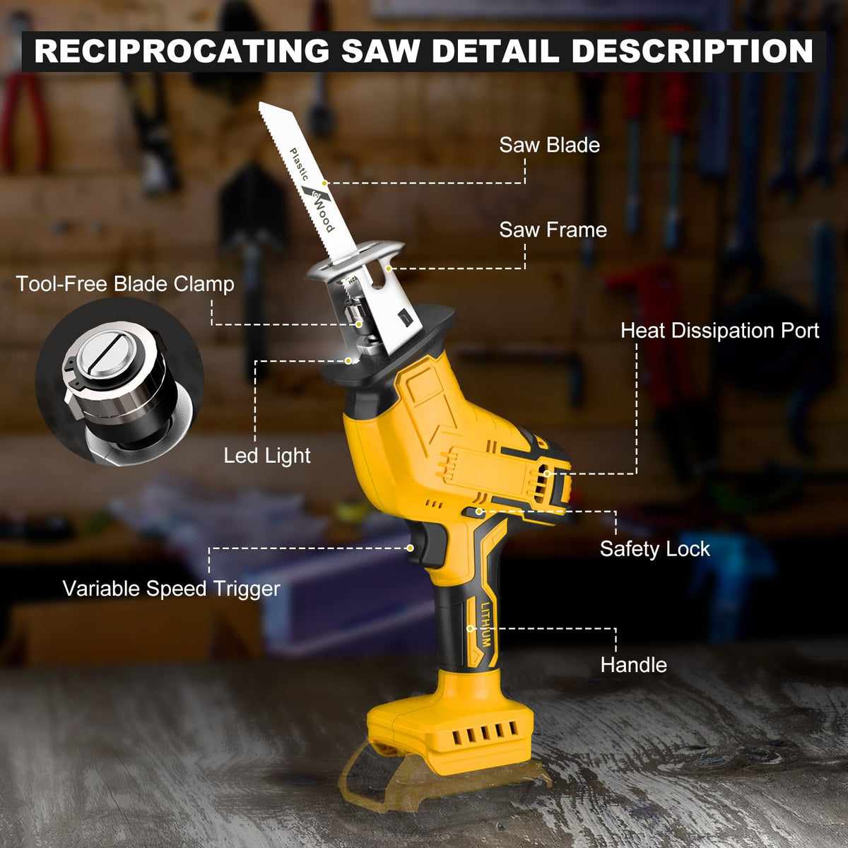 Samvinor cordless reciprocating saw includes four-blade kit for versatile material handling.