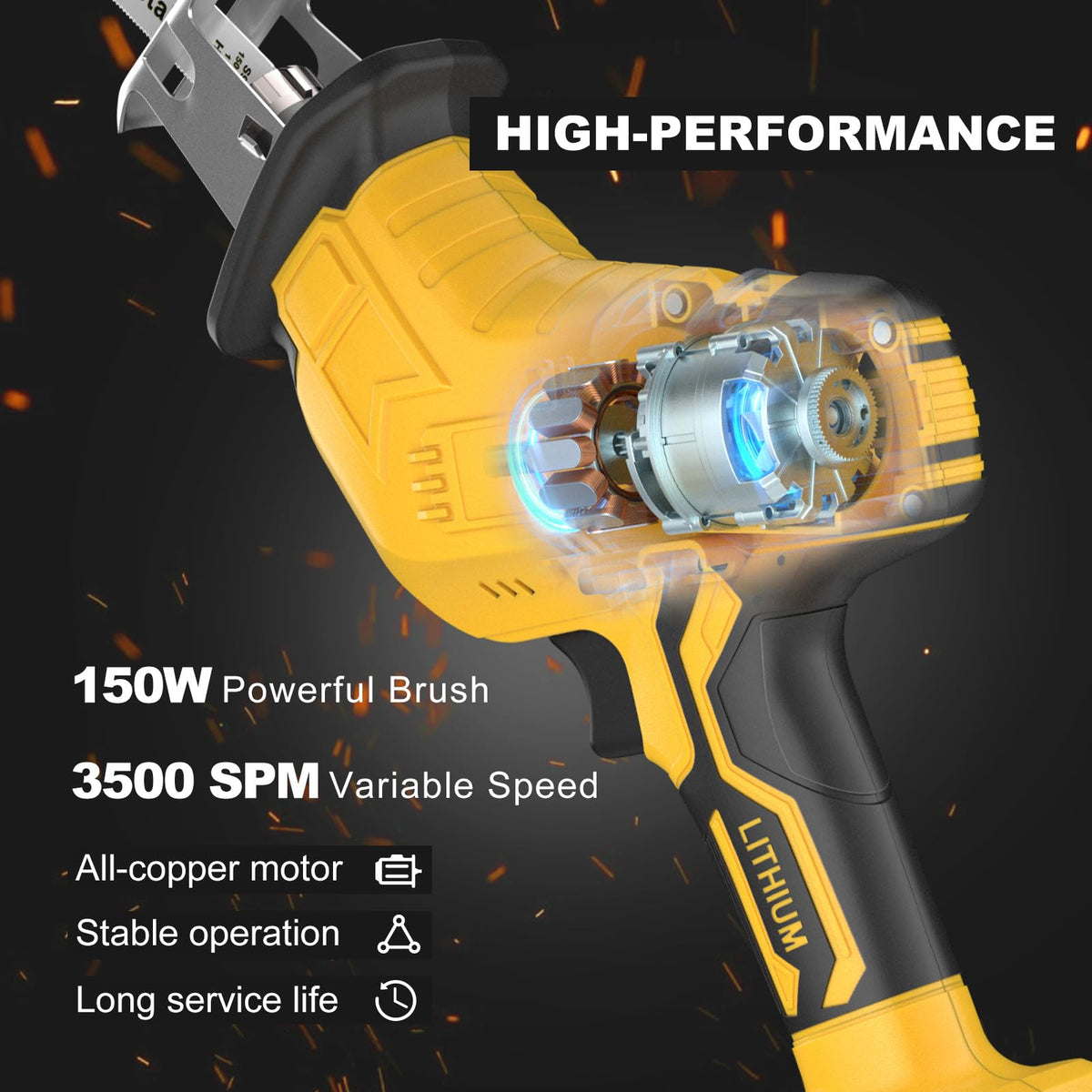 Samvinor cordless reciprocating saw showcases safety design with LED light for precise cuts.