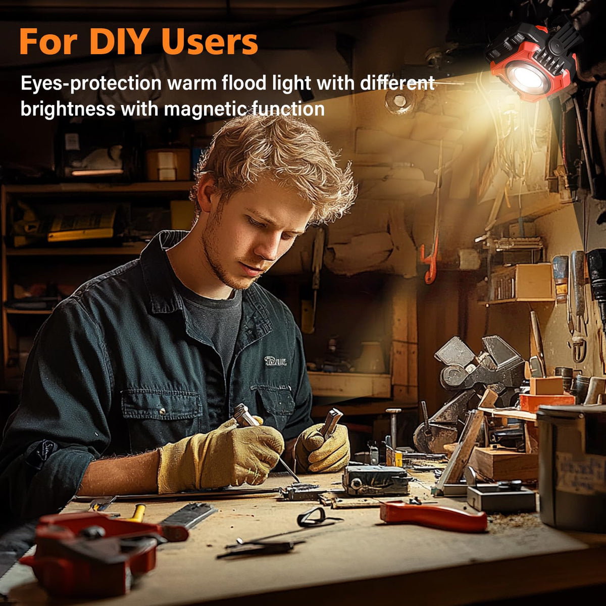 Samyoung 2400LM magnetic work light with 360-degree rotating stand for precise positioning.