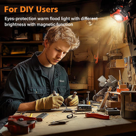 Samyoung 2400LM magnetic work light with 360-degree rotating stand for precise positioning.