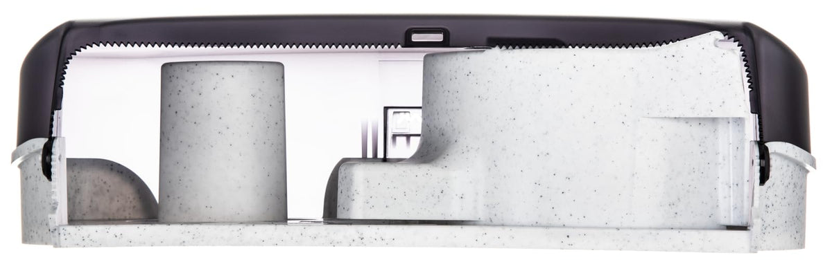 San Jamar SJMR4000TBK side view highlights compact profile in tight spaces.