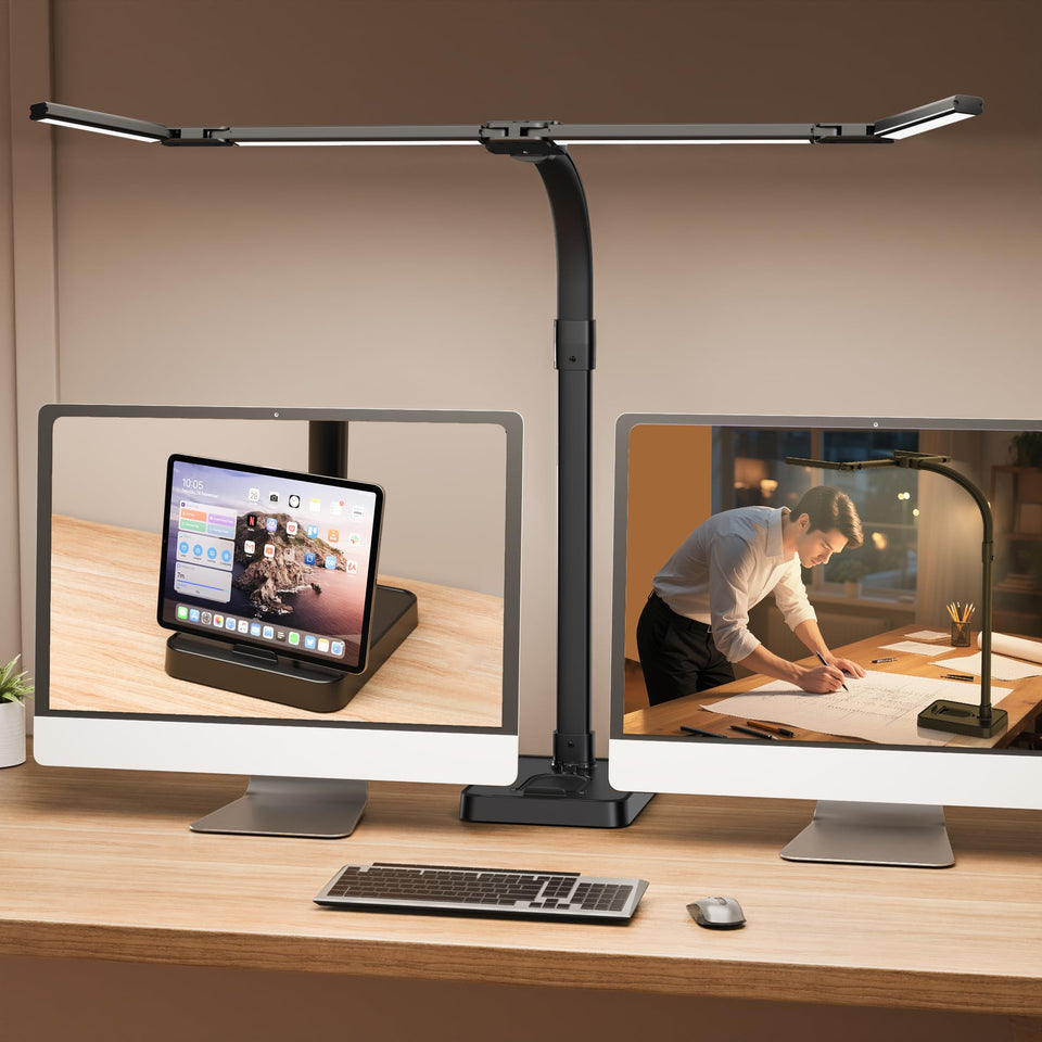 Sandiea LED Desk Lamp with dual heads brightens your work area for detailed tasks.