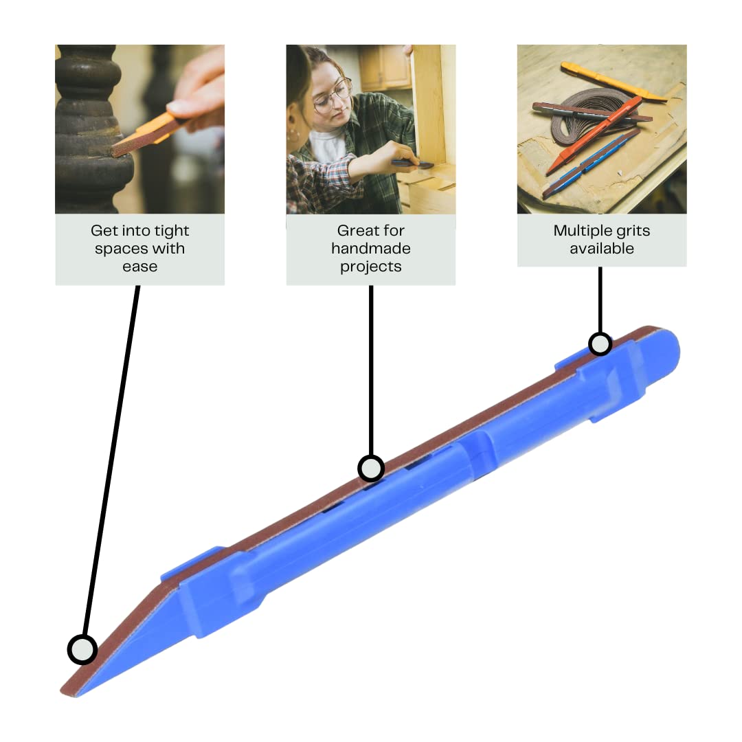 SANDING DETAILER spring-tension back keeps belts secure during sanding.