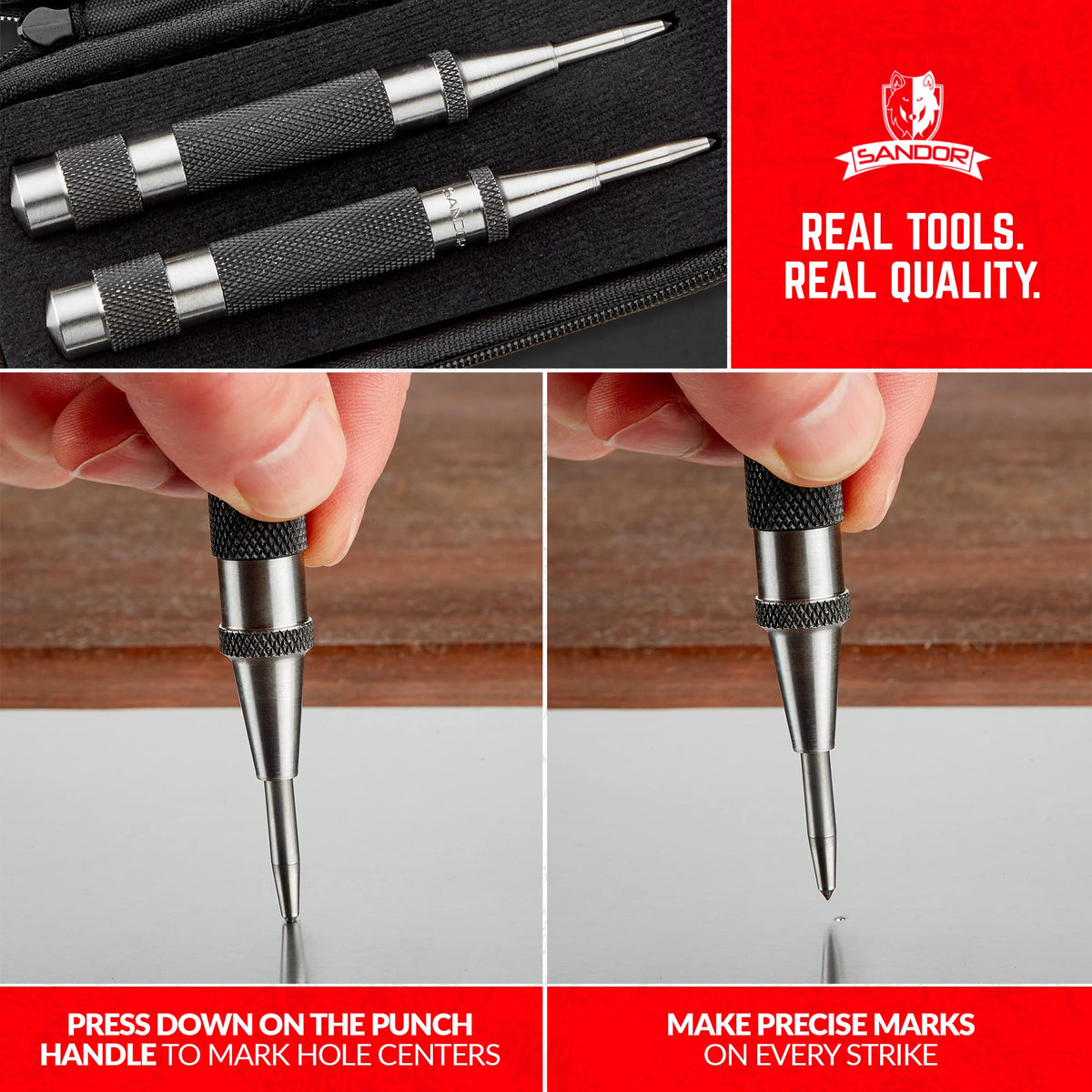 SANDOR center punch with knurled cap for secure one-handed operation