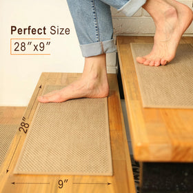 SANDPEAK 28x9 beige stair treads on wooden stairs demonstrate easy peel-and-stick install.