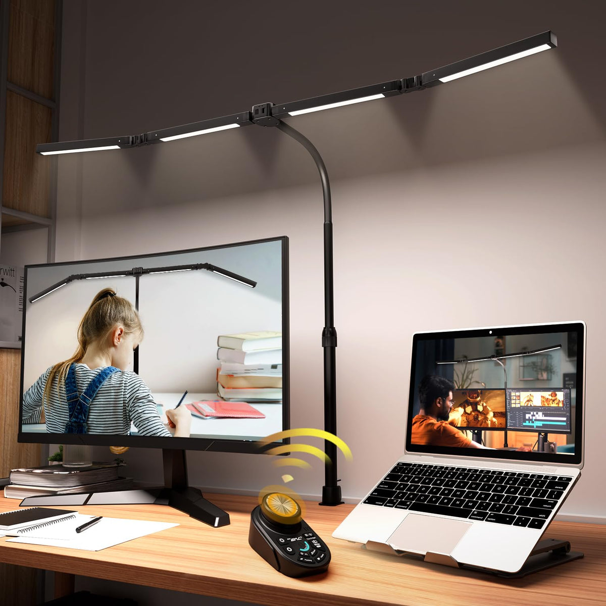 SANDROY VOLT adjustable desk lamp clamp base for space-saving setup and precise light direction.