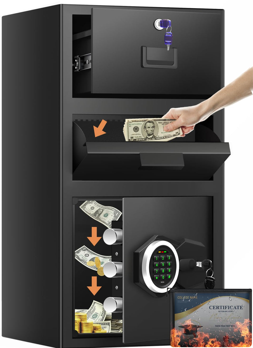 Sanfnz drop safe with quick-slot for rapid business deposits.