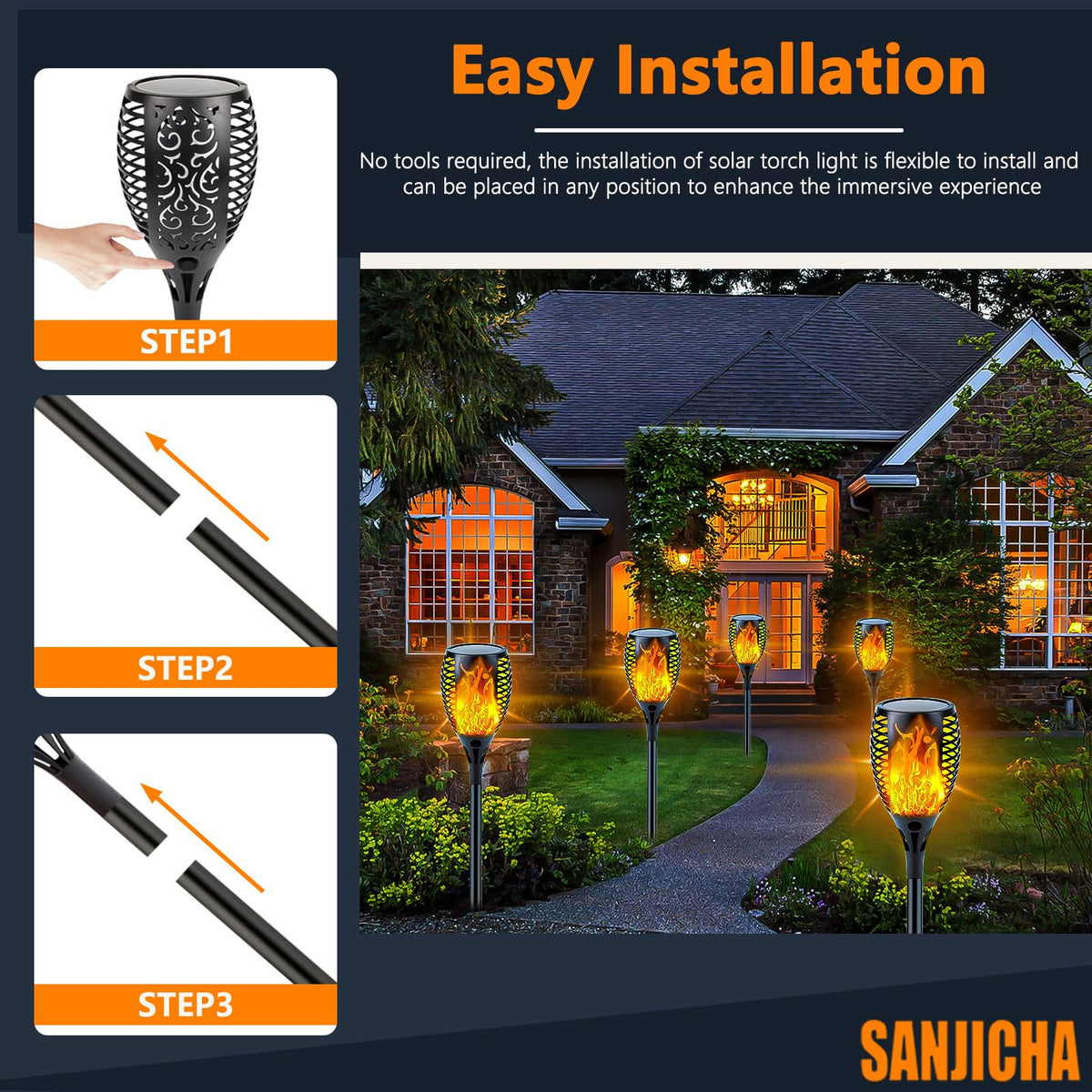 SANJICHA dusk-to-dawn torch auto-light for effortless evenings.