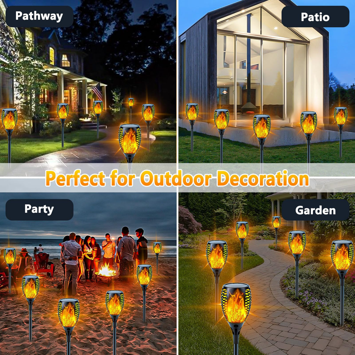 SANJICHA IP65 waterproof torch withstands rain for year-round decor.