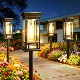 Sanjicha solar pathway light with rectangular shade provides warm glow along the path