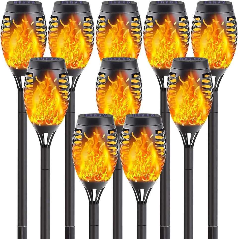 SANJICHA 10-pack solar torch with flame glow for garden pathways.