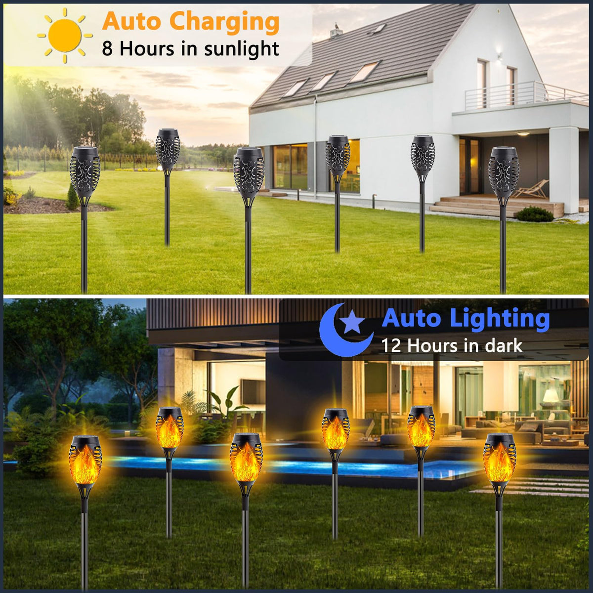 SANJICHA solar flame lights auto on at dusk for easy setup.
