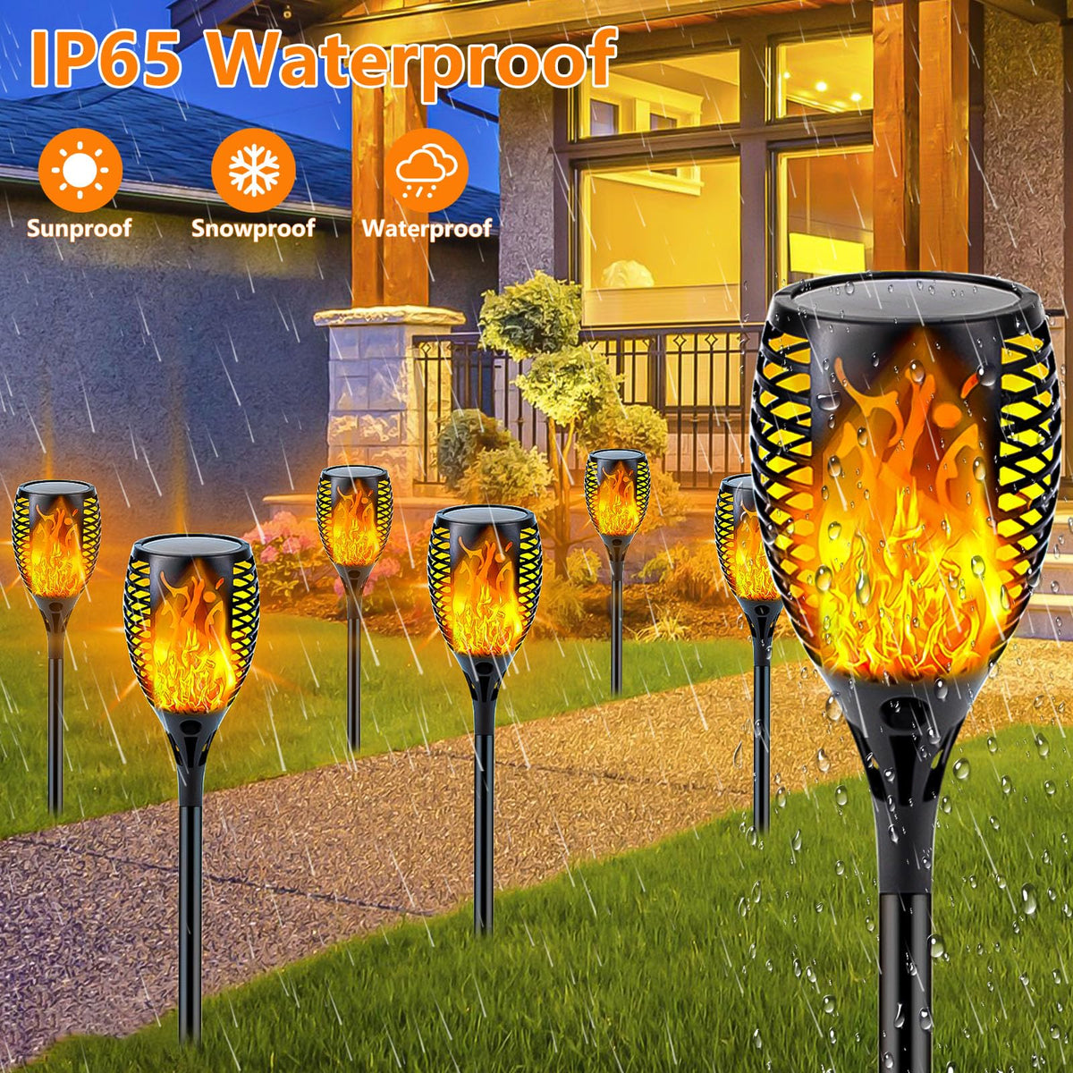 SANJICHA solar torch flame flicker creates cozy, safe lighting.