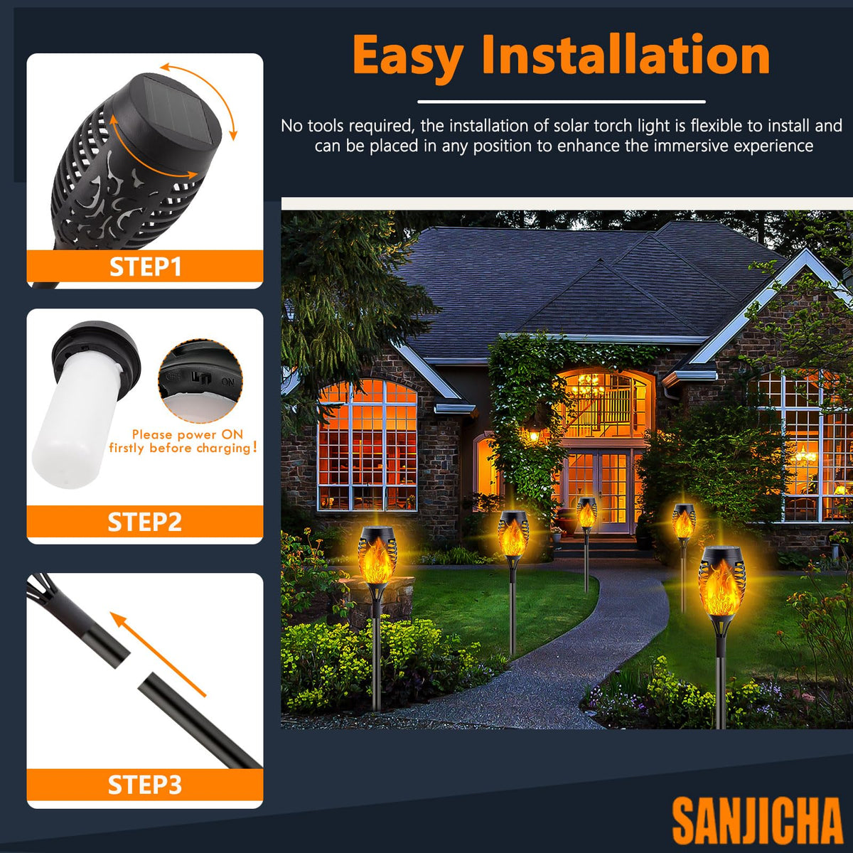 SANJICHA waterproof outdoor torches add durable light to yard decor.