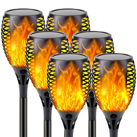 SANJICHA upgraded solar torch with larger flame for brighter outdoor ambiance.