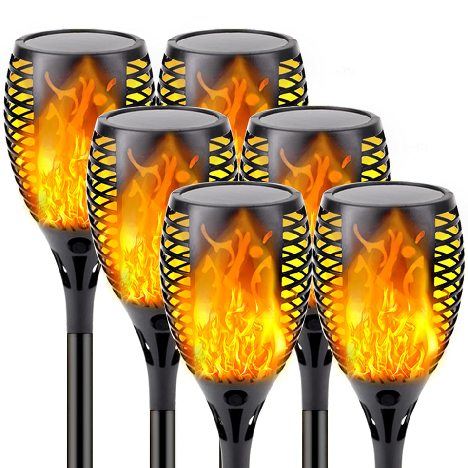 SANJICHA upgraded solar torch with larger flame for brighter outdoor ambiance.